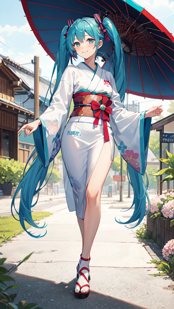 best quality, masterpiece, high resolution, solitary, (Hatsune_future_Blue File:1.10), 1 girl, Wide sleeves, Long sleeve, Looking at the audience, Heart, blush, flowering, Smile, Holding an umbrella, Oil-paper umbrella, outdoor, Floral, White Kimono, Residence, Printed Kimono, 14 ,Dance,full-body shot