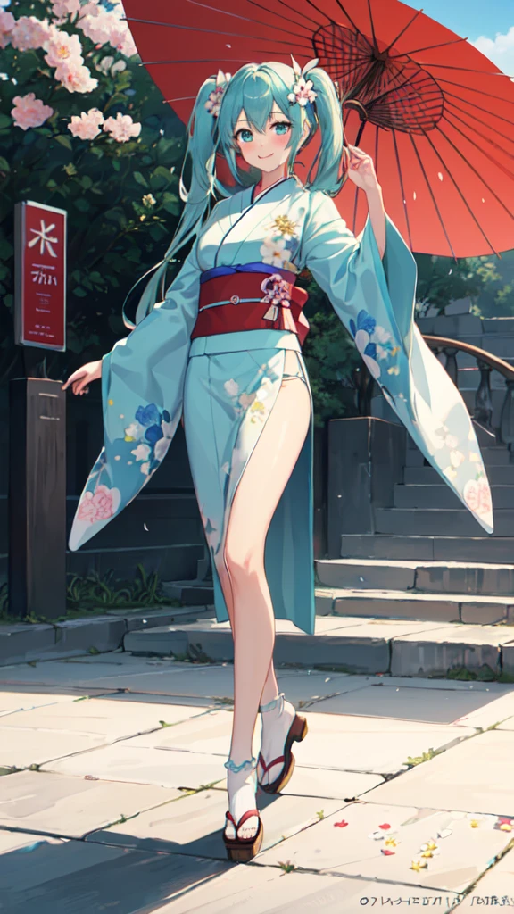 best quality, masterpiece, high resolution, solitary, (Hatsune_future_Blue File:1.10), 1 girl, Wide sleeves, Long sleeve, Looking at the audience, Heart, blush, flowering, Smile, outdoor, Floral, White Kimono, Residence, Printed Kimono, 14 ,Dance,full-body shot