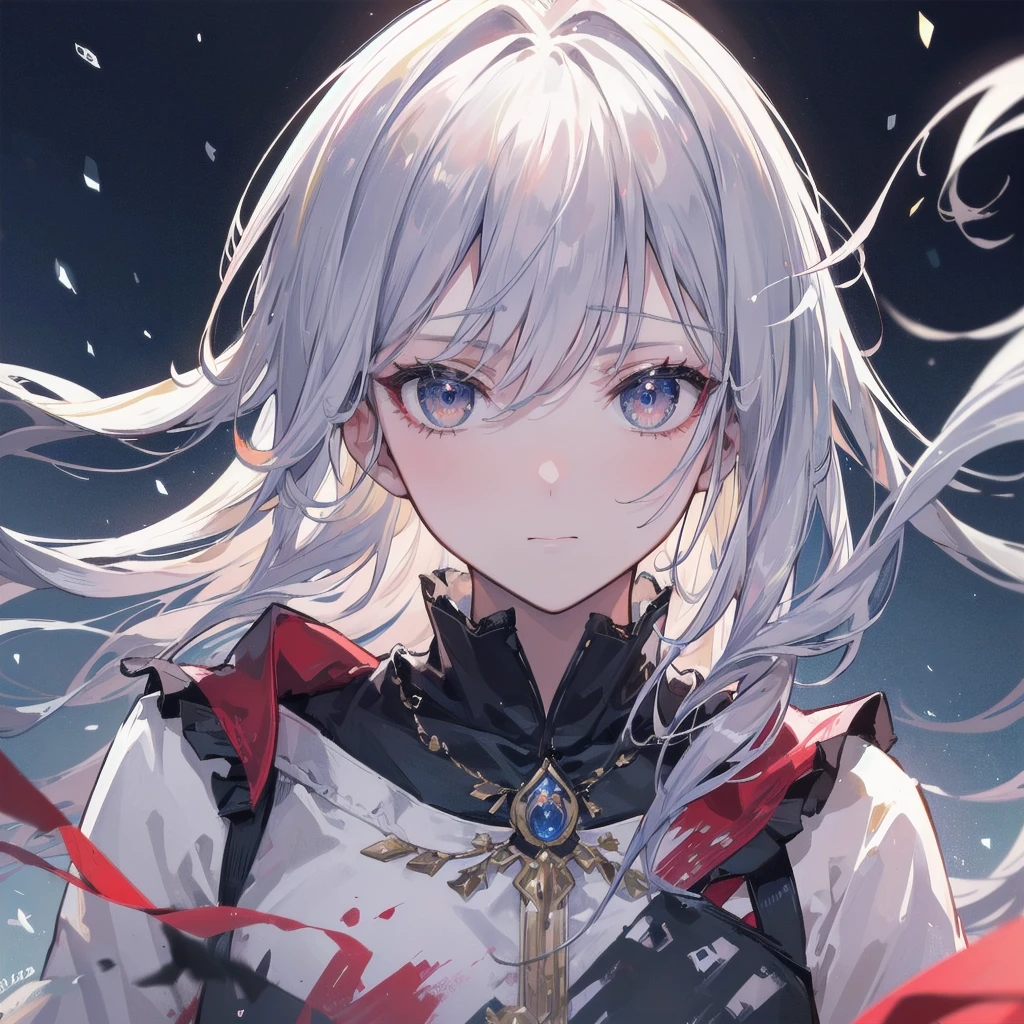 top-quality、Top image quality、tmasterpiece、girl vs.......((18yr old、White dress、best bust、Bust 85、A white-haired woman、Long gray hair、grey-eyed、red string,Black nails,we open our hearts、Happy、return blood))high high quality、visual art、Background with((Black and white world))、Kurosawa film style