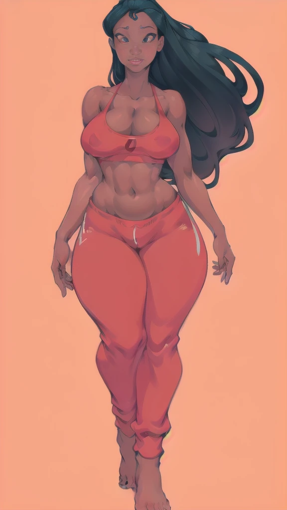 full body in image, woman, feet on image, simple hair, female body, jogger pants, curvy body, large hips, beautiful woman, thicc body, big thighs, voluptuous body, full thick body, dinamic pose, curve body. detalied pose, body, simple background, expressive face, focus on face, line art, sketch
