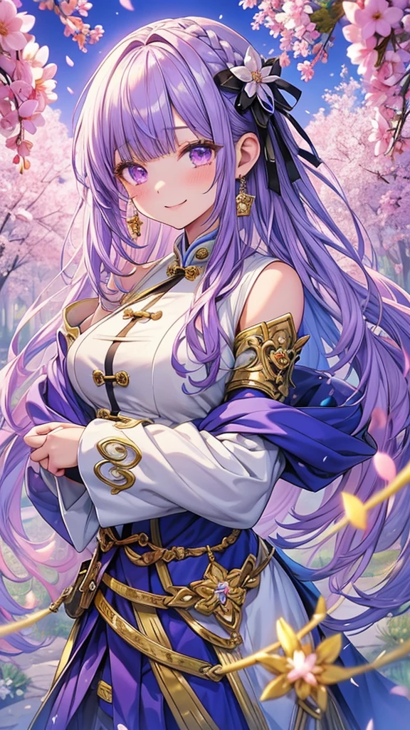 Super High Resolution Super Quality、anime、Zoom in Enlarge 、tears 、Smile、Fantasy、Magic Taoist、High texture of clothing, realistic texture, luxurious adventurer clothes, shining jewels, silver decoration, platinum, brown leather gloves, joy, beautiful girl has a nice body, spring, lilac hair, eye highlights, purple eyes, upper body, snap, marble green garden
