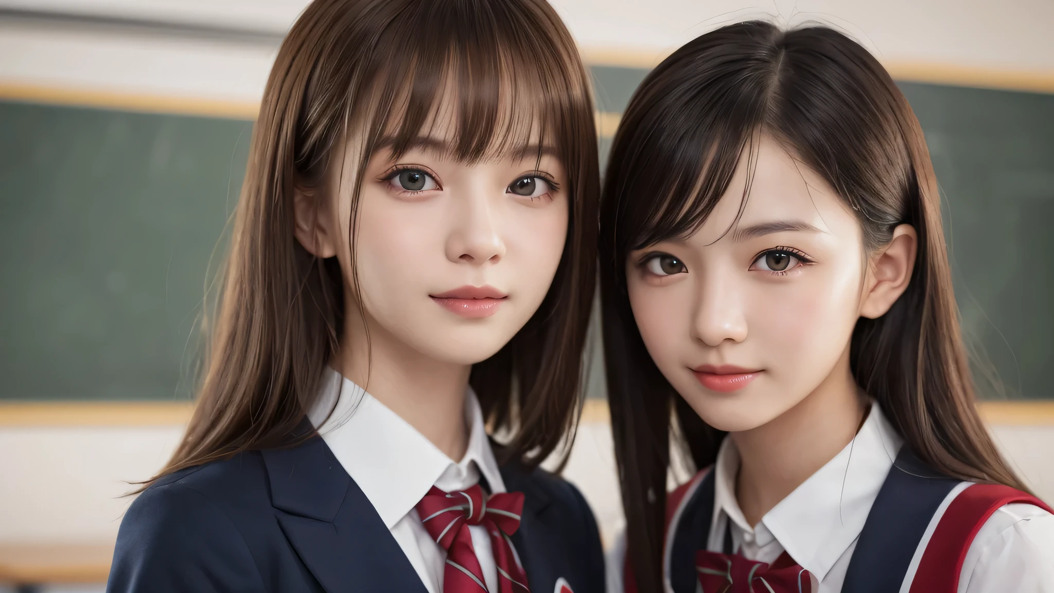 kawaii, (2girl), bob hair, smile, (high school uniform), (Best Quality:1.4), Realistic, extremely detailed CG unified 8k wallpaper, highly detailed, High-definition raw color photos, professional photography, Realistic portrait, Beautiful detailed, Close up portrait of girl, (school, classroom:1.2), (Fine face:1.2),