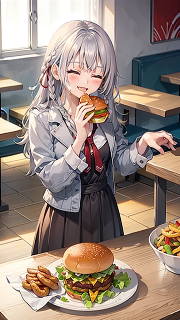 1 beauty,, high school girl, puffy eyes, (happy smile), long eyelashes, blush, silver hair perm (red braid in right hair), at fast food restaurant table, (eyes closed, mouth wide open with smile), (nibbling hamburger with both hands), (eating neatly).