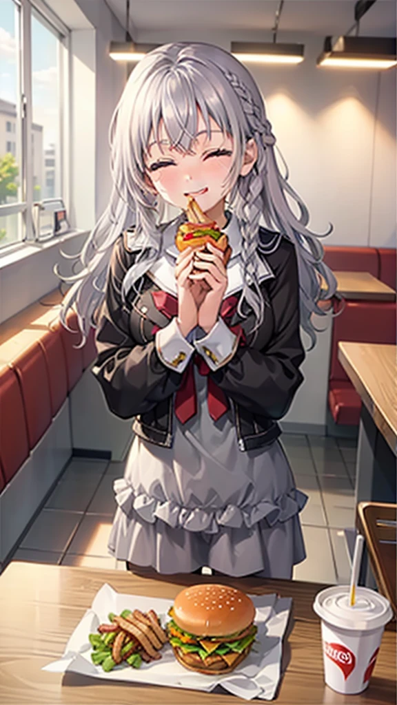 1 beauty,17 years old, high school girl, puffy eyes, (happy smile), long eyelashes, blush, silver hair perm (red braid in right hair), at fast food restaurant table, (eyes closed, mouth wide open with smile), (nibbling hamburger with both hands), (eating neatly).