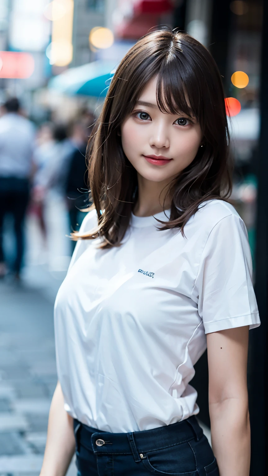 (8K、Raw photography、best quality、A masterpice:1.2)、(Realstic、photorealestic:1.37)、ultra -detailed、ultra-high-resolution、1 girl、see the beholder、Beautiful detailed face、smile on face、Constriction、(Slim waist) :1.3)、shirts、Beautiful detailed skin、Skin texture、Floating hair、Professional lighting、In the street、Glasses、Whole human body、Brown hair