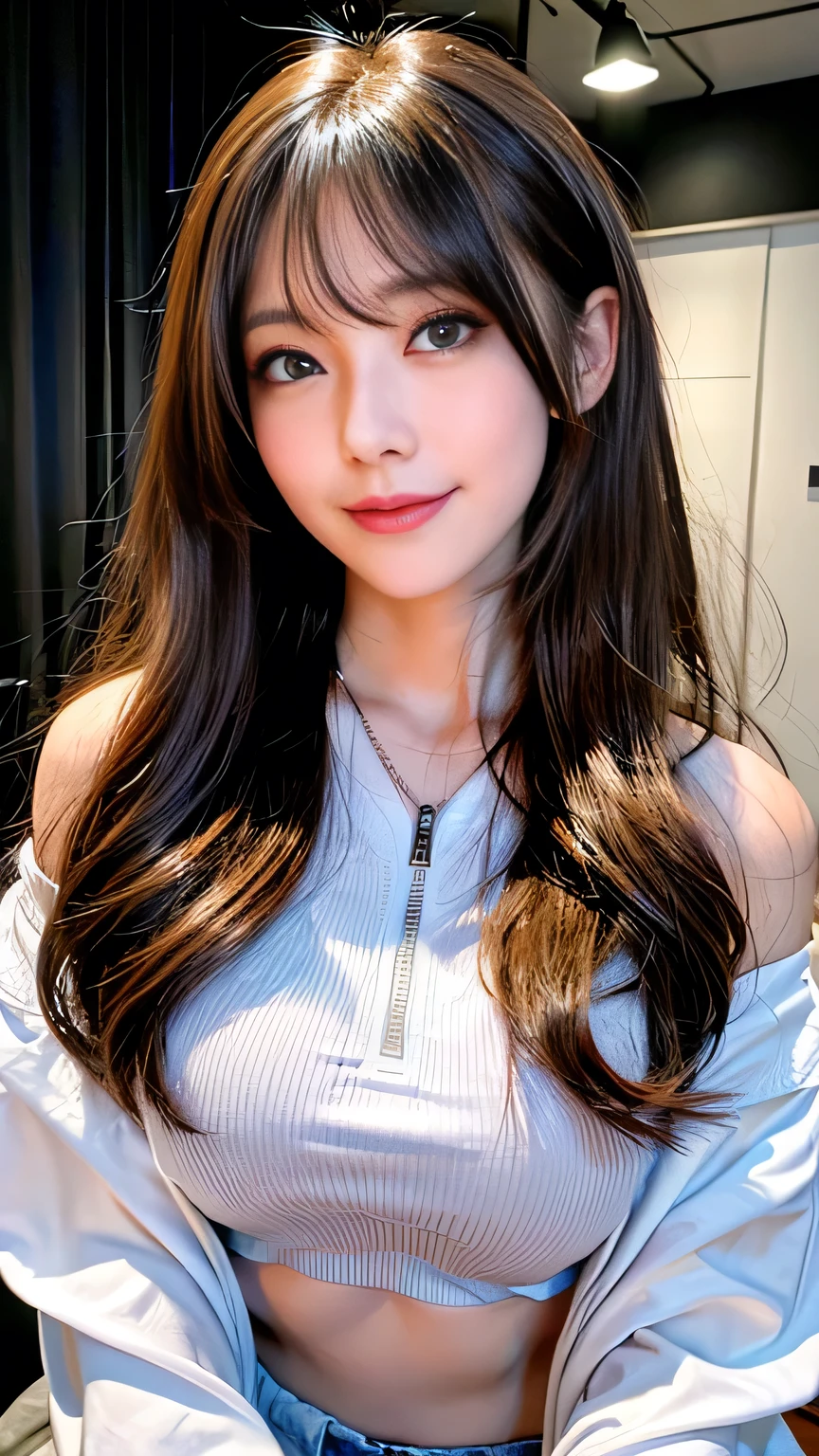 seed;88117315,((Full Body Angle))、Front hair:1.3))、((Highest quality, 8K, masterpiece: 1.3)), concentrated: 1.2, Cute girl 1,Nipples erect、 Perfect beauty: 1.4,Summer shoulder t-shirt with letter print、Shorts: 1.2,Long sleeve、Randall Color、comics&Text Graphics、Black ruffle-trimmed drawstring zip blouse,1.1, Highly detailed face and skin textures, Fine grain, double eyelid, whitening skin, ,Highest quality,Ultra-high resolution,you,1 girl,alone,_Shiny_skin,Iris,necklace,((brown_length_Wavy_hair)),(lips)),eyelash,Front hair,deal with,compensate,Shiny,pore,skin,Large Breasts、((smiling face))、living、
