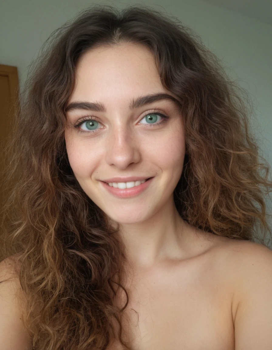 une femme magnifique de 25 ans , grosses fesses , encombrai,avec des sous vêtement,léger sourire , visage et yeux détaillés , Éclairage naturel , à la maison , cheveux bouclés, porter un costume ajusté, grain de film, faible contraste, visage naturel , , cheveux noirs , yeux verts