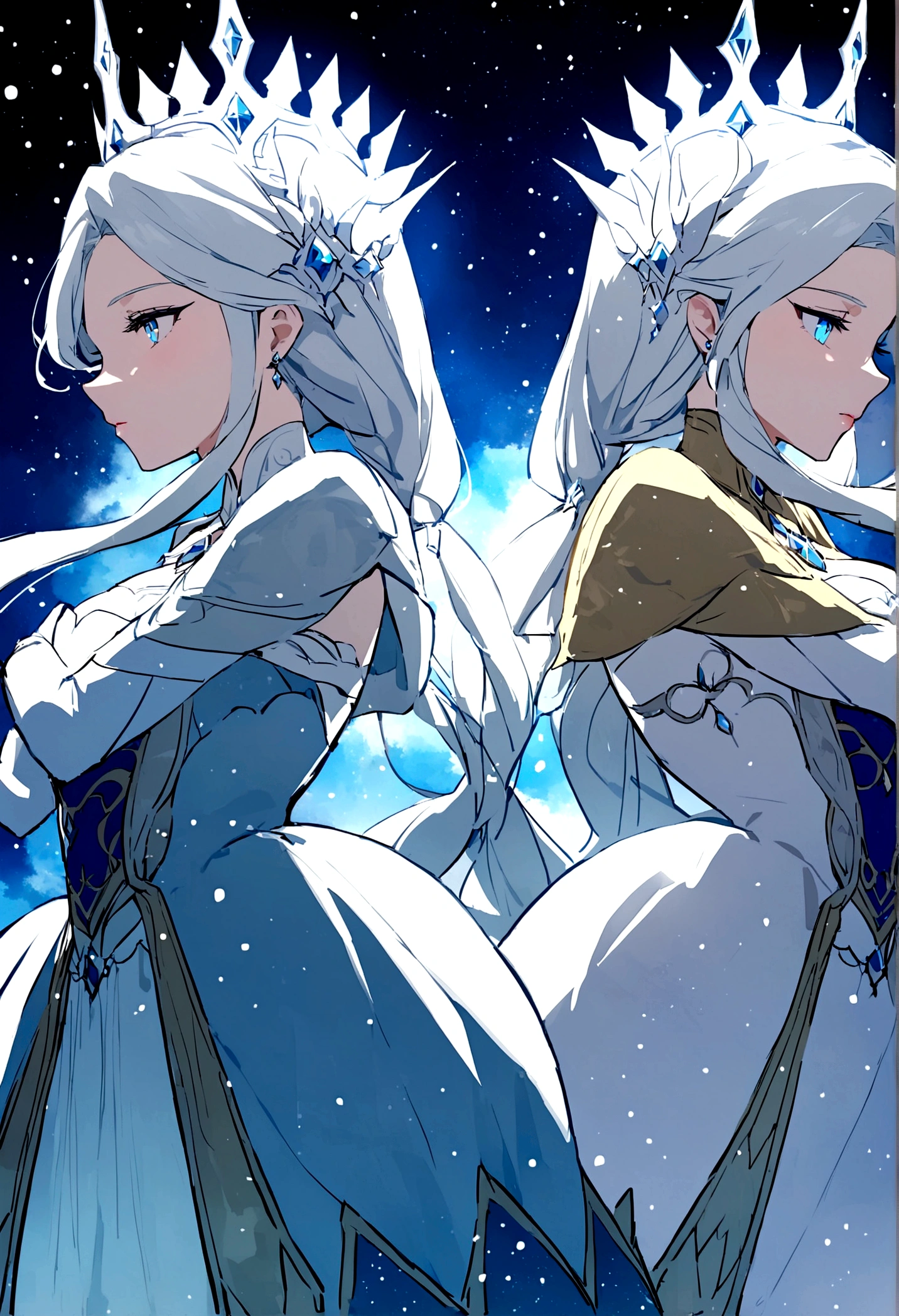 (((Solo)))、Highest quality, Best Quality、middle ages、(((白いGorgeous dress))、(Mature Woman、Mother、40 years old)、(White Hair、Middle Reason、Does not touch the forehead、Dumpling、Braid)、(smile)、(princess、Queen of the West)、(Gorgeous dress)、tiara、(From the side、profile)