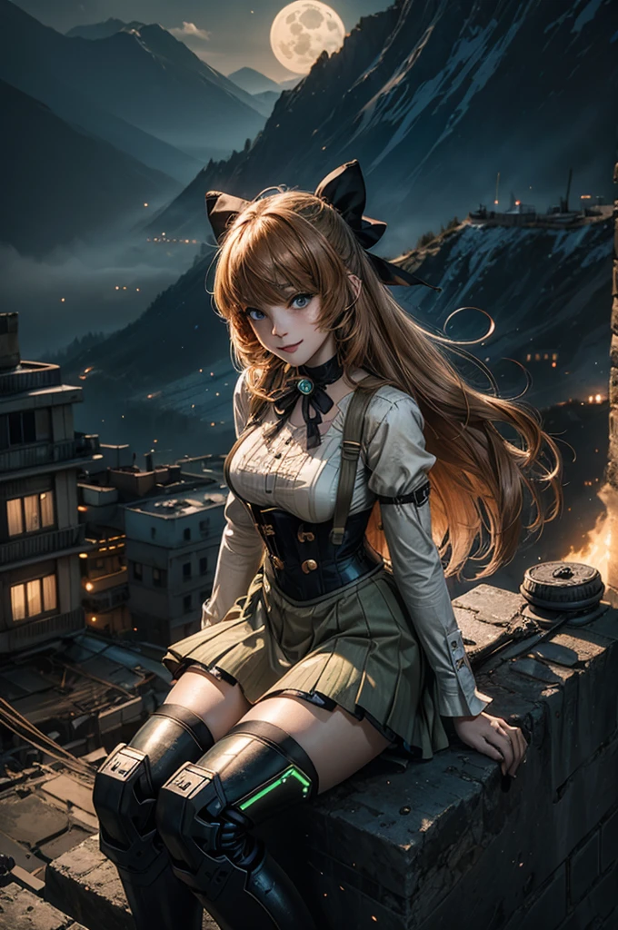 cowboy shot, (dynamic pose), smile, underbust, Penny Polendina, long hair, neck ribbon, suspender skirt, corset, black bow, white blouse, mechanical legs, neon trim, sitting, ((people in city ruins on hill, overlooking valley)), BREAK night, stars, moon, snow, BREAK mountains in background, waterfall, vehicle wreck, ((people in military uniform)), bonfires, post-apocalypse, dystopian future, (volumetric lighting), intricate details, tonemapping, sharp focus, hyper detailed