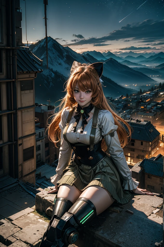 cowboy shot, (dynamic pose), smile, underbust, Penny Polendina, long hair, neck ribbon, suspender skirt, corset, black bow, white blouse, mechanical legs, neon trim, sitting, ((people in city ruins on hill, overlooking valley)), BREAK night, stars, moon, snow, BREAK mountains in background, waterfall, vehicle wreck, ((people in military uniform)), bonfires, post-apocalypse, dystopian future, (volumetric lighting), intricate details, tonemapping, sharp focus, hyper detailed