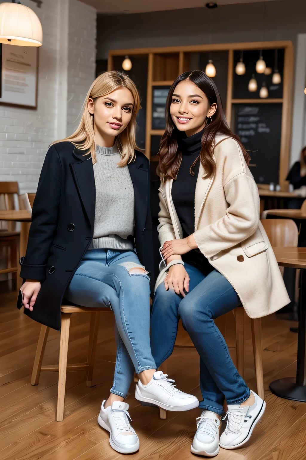 high quality,16K:1.1),(, Two women sitting on chairs in a coffee shop）sit facing each other across a desk、We are chatting、Full Body Shot:1.2),(),blonde、ウェーブのかかった髪、ear piercing、smile、Beautiful teeth alignment、((coat、sweater、Skinny jeans、、sneakers)), ,(View your audience:1.3),Coffee shop in the background
