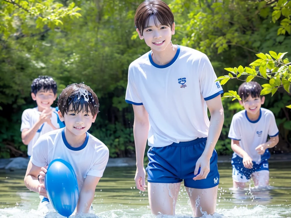 In the forest、Swimming in the river、Cool and refreshing water、Cute boy、Popular  actors、１０Year old boy、The boys are playing、Get wet all over、Noisy boys、Splashing Water、Boy in gym clothes、The bottom of the white T-shirt is blue、Blue shorts、Japanese、（Boy 1.4）