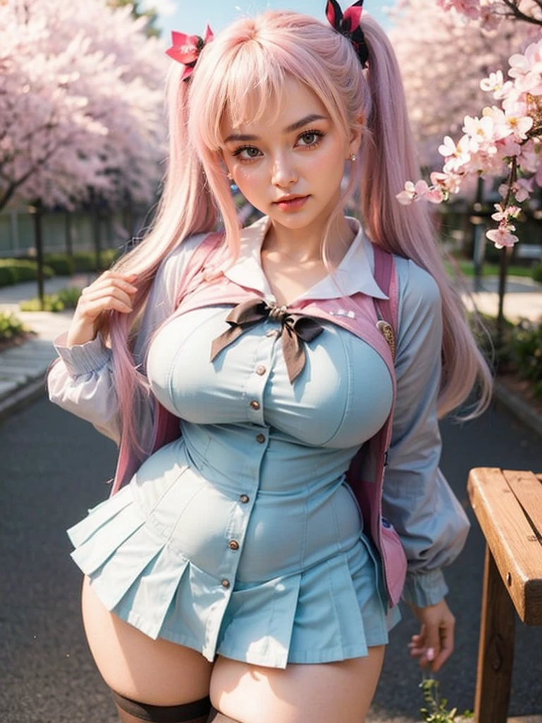 ((Best Quality, 8K, Masterpiece:1.3)), (Large Breasts:1.3), (Huge Breasts:1.3), Reality, (detailed:1.4) A woman with light blue dress and pink coat posing at the park, standing, cleavage, long hair, two ponytails, pink hair, detailed hair, beautiful woman, a woman with eyes shadow and double eyelids, detailed face, perfect body, nice thigh, thick thigh, nice booty, perfect butt, 1girl, beauty earing, beautiful alluring woman, maya fey from ace attorney, seductive girl, beautiful alluring girl , attractive girl, UHD, Ultra Realistic, extremely detailed, tfft, curvy, Body, Chubby, 12, Belly, mature female, wedding dress