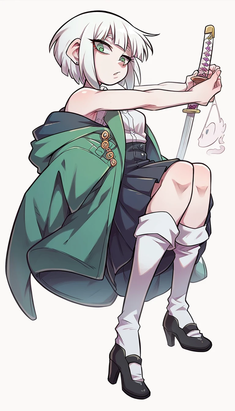  a tall girl with short albino white hair and a glittery green eye, she wears a white button-down blouse underneath a sleeveless green coat and a dark green maxi skirt with a pair of white socks with black heels carrying a flexible ghost katana.