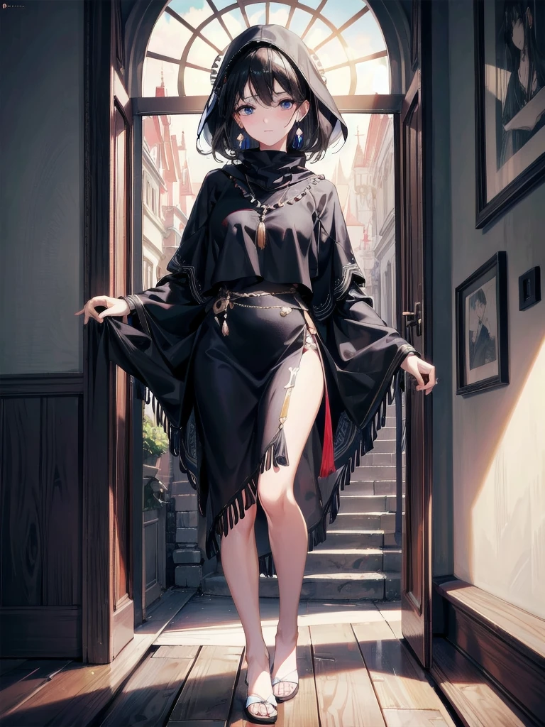 absurdres, RAW photo, extremely delicate and beautiful, masterpiece, Best Quality, ultra high resolution, 32k, hyperrealistic, ultra-detailed, delicate facial features, beautiful detailed woman, tearful mole, earring, medium breasts, full body shot, medium hair, black hair, solo, alone, (Tribe poncho),