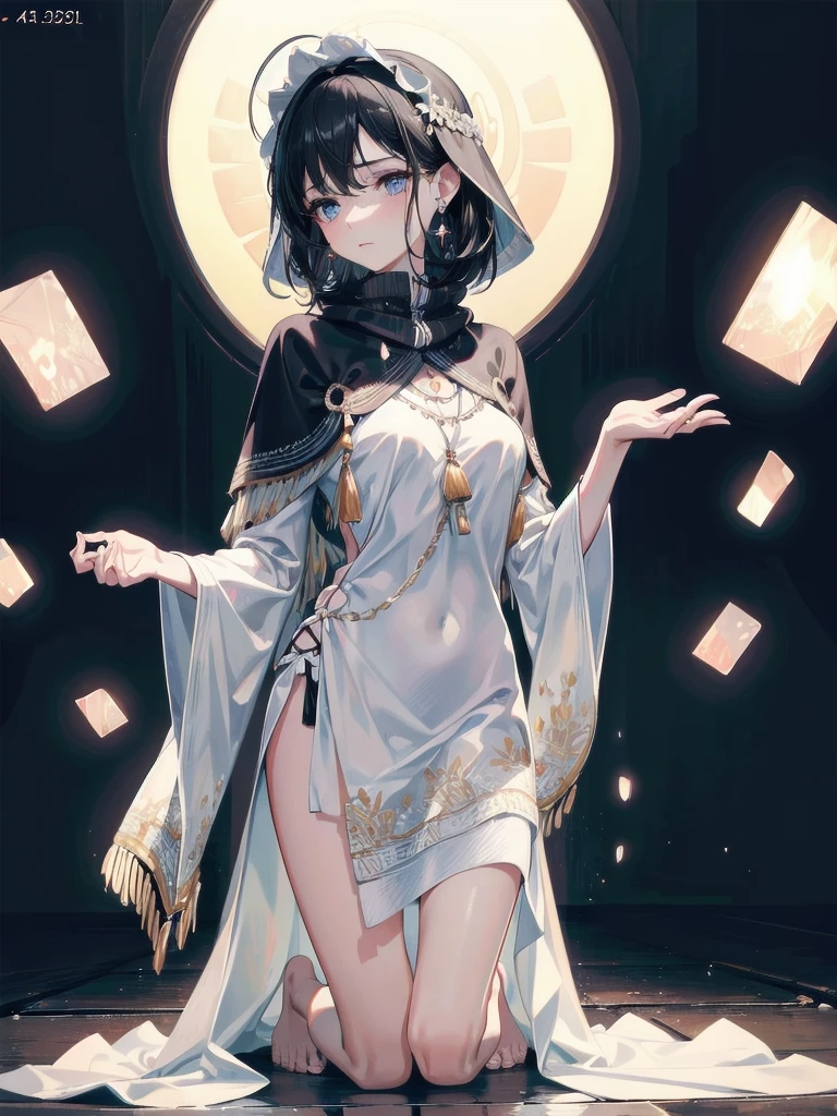 absurdres, RAW photo, extremely delicate and beautiful, masterpiece, Best Quality, ultra high resolution, 32k, hyperrealistic, ultra-detailed, delicate facial features, beautiful detailed woman, tearful mole, earring, medium breasts, full body shot, medium hair, black hair, solo, alone, (Tribe poncho),