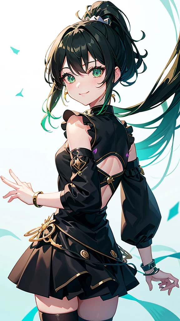 Magical girl　Black costume　Mini skirt dress　No sleeve　Green hair ponytail　smile　Great style　Directly facing　universe space
