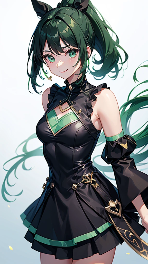 1 girl, anime, high quality, intricate details, black hair, fluffy hair, short hair, elegant, futuristic setting, stockings, green streaks in hair, stoic expression, curvy build, confident pose, mansion, indoors, hairclips, light green eyes, black hair, cropped tank top, silk skirt,