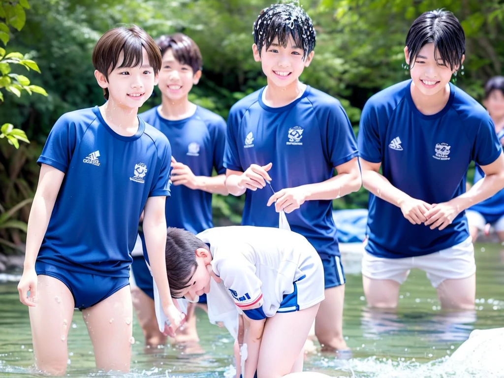 In the forest、Swimming in the river、Cool and refreshing water、Cute boy、Popular actors、10Year old boy、The boys are playing、Get wet all over、Noisy boys、Splashing Water、Boy in gym clothes、The bottom of the white T-shirt is blue、Blue shorts、Japanese、(Boy 1.4)