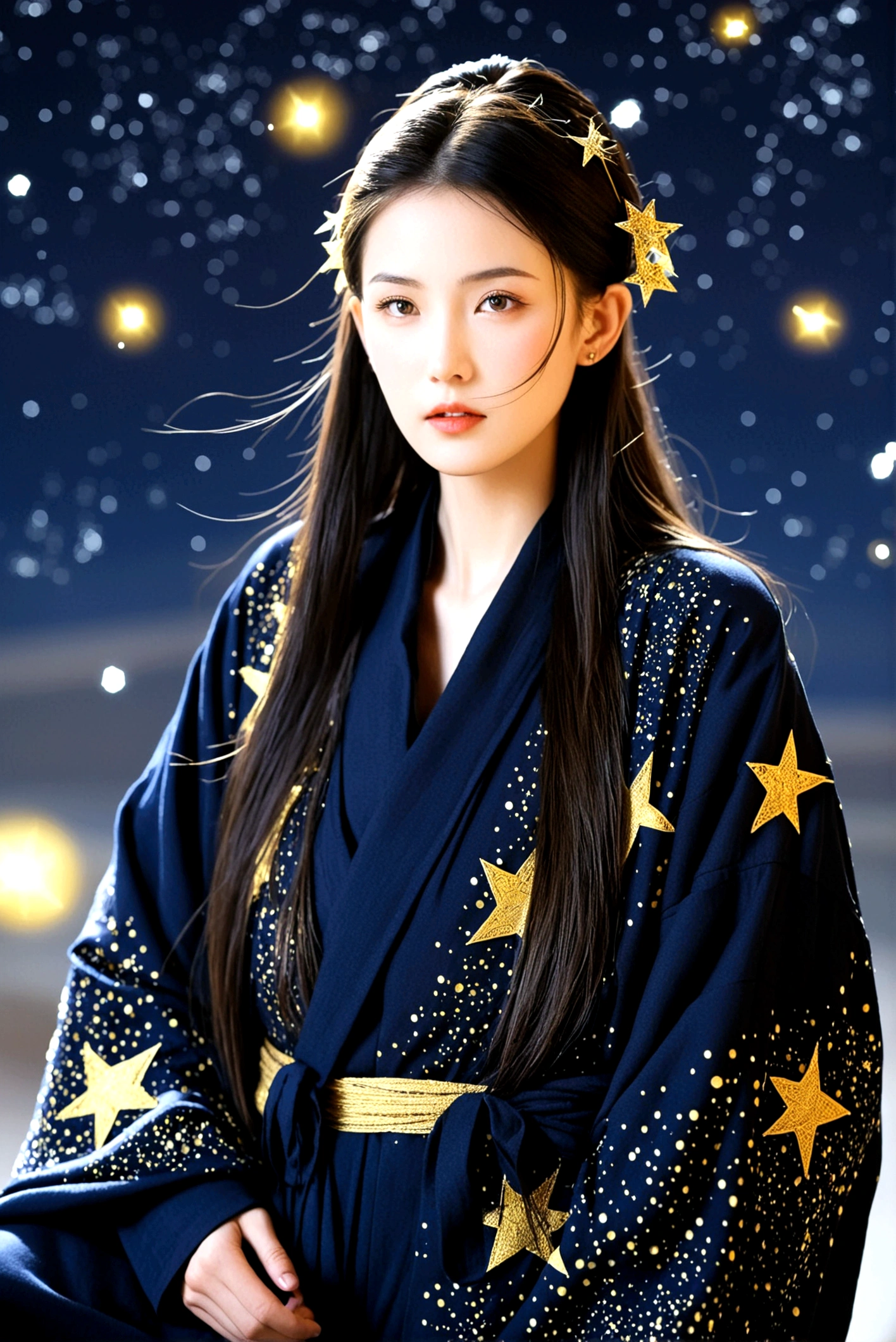 Dark ancient robe，Dotted with golden stars，Sophisticated attire，Long hair，female，Astrologer，1.85 meters