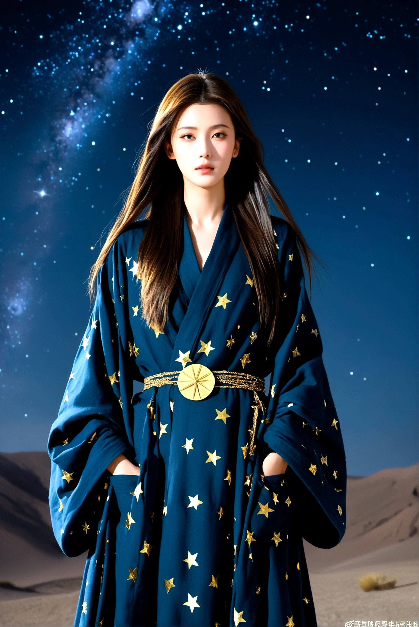 Dark ancient robe,Dotted with golden stars,Sophisticated attire,Long hair,female,Astrologer,1.85 meters