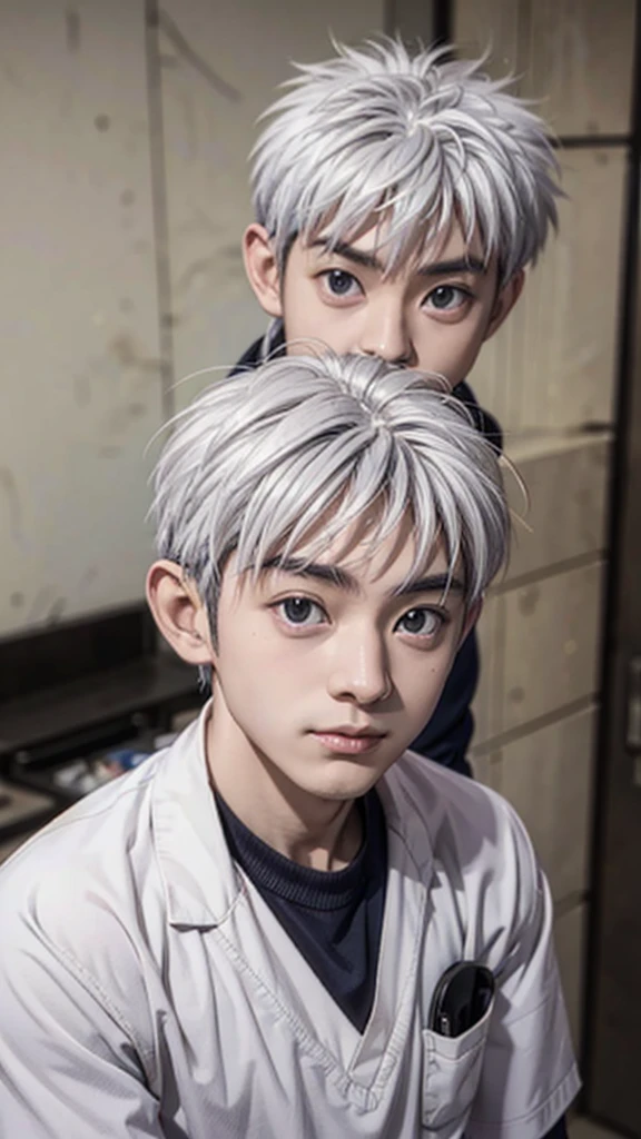Gray Hair、male、Macho、Handsome、White Haori、Black school uniform、pupils are small、Small eyes、He has a shy face