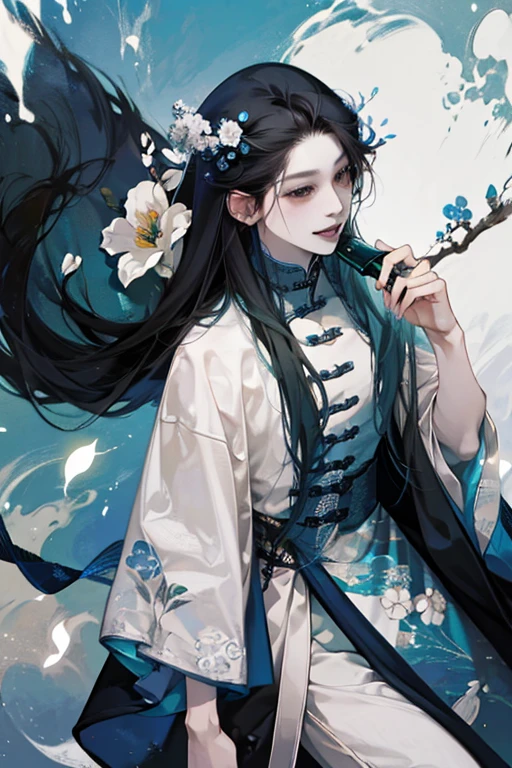 male性，male，Long black hair，long flowing hair，Laughing，Soft Lighting，water ink，Low saturation，Low contrast，flower，百合のflower束，Neat and clean clothes