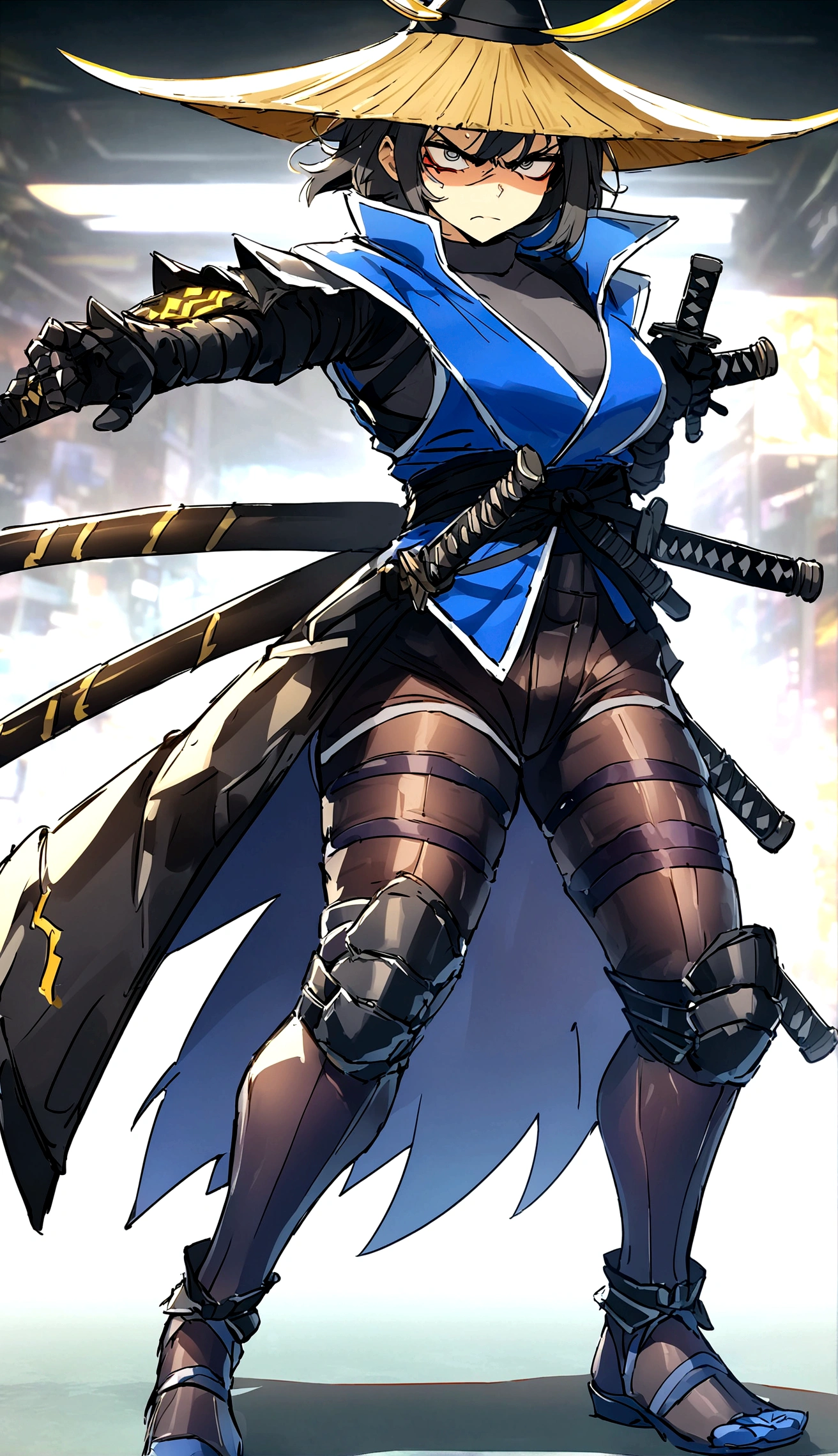 Cyberpunk samurai wearing a bamboo hat, A skilled samurai with two swords at his waist, Sharp Eye , anger , masterpiece, 8K