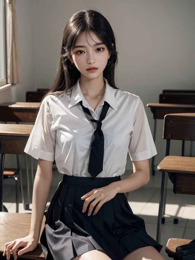absurdres, RAW photo, extremely delicate and beautiful, masterpiece, Best Quality, ultra high resolution, 32k, hyperrealistic, ultra-detailed, delicate facial features, beautiful detailed woman, tearful mole, earring, medium breasts, full body shot, medium hair, black hair, solo, alone, ((summer school_uniform)), skirt, 