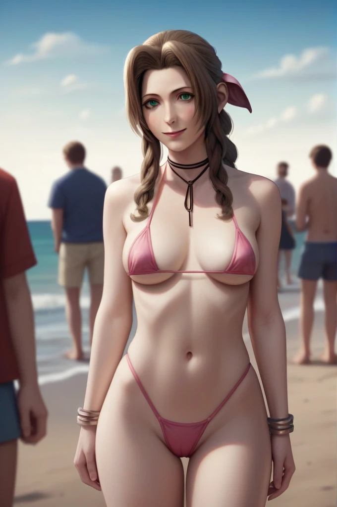 Master piece,best quality,official style, final fantasy movie,Aerith Gainsborough,realistic textured, Ultra-realistic capture, Highly detailed, High resolution 16k close-up of human skin. Skin texture must be natural, With such detail that pores can be finely identified. Skin should look healthy,3d,cowboy_shot,micro_bikini, curvy, light smile, beach, crowd, 
