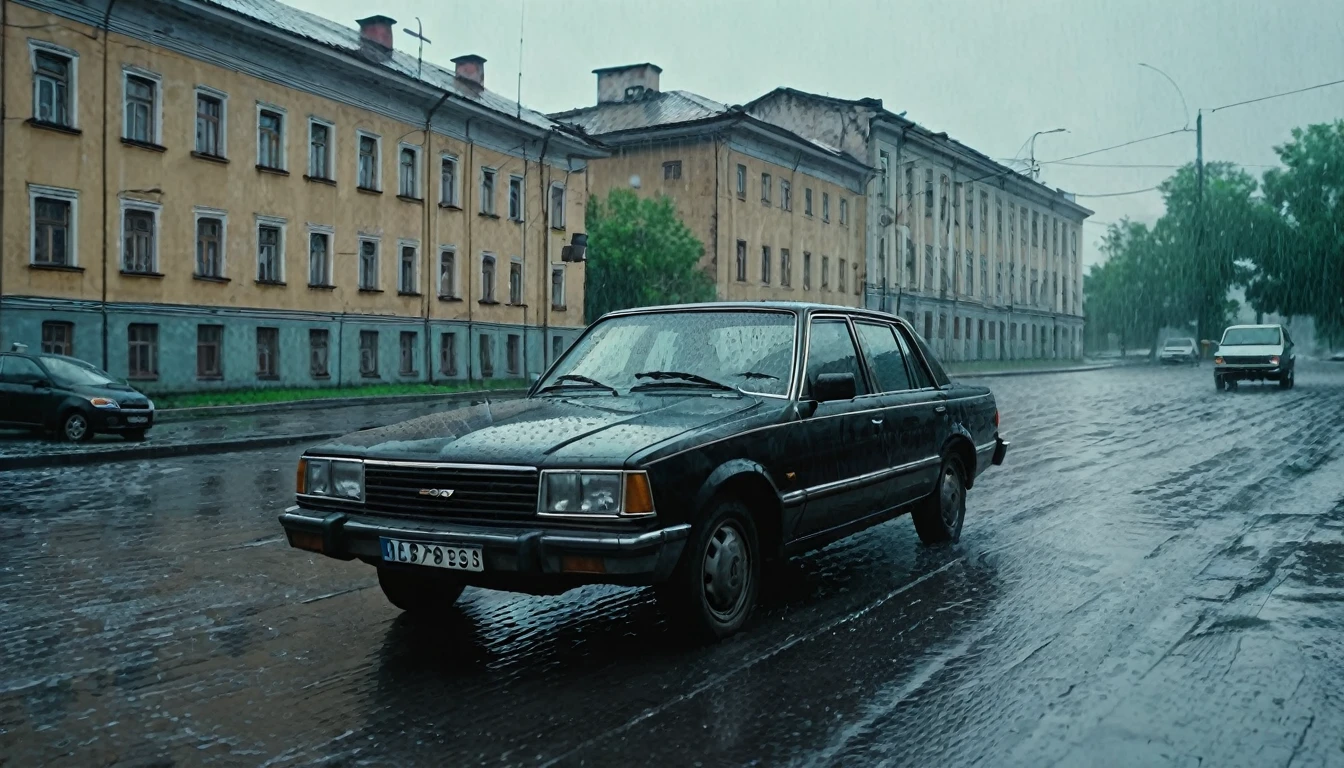 Black car from the 90s, driving against the background of old Soviet buildings, rain, rainy weather, rain, cinematic scene, cloudy weather