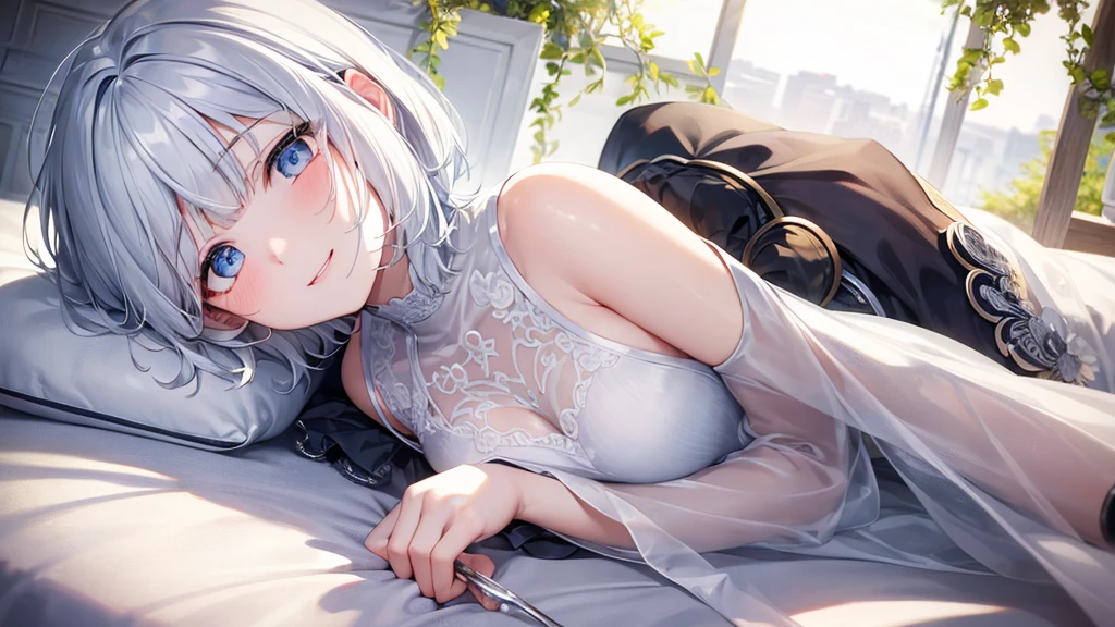 Ultra HD,Look at the viewers, Put your hands behind your back, With a girl, 20-year-old, 非常にShort Hair, Long bangs between the eyes, Pale blue eyes, Very detailed,(masterpiece、Highest quality),Gray Hair、Laughter、Fantastic, Silver Hair, Iris, Short hair、 Fluttering Hair、Small Face、明るいsmile、(Detailed face) ,Professional Lighting,Wonderful landscape,blue sky, sunlight,Looking down from above,Portraiture、Open your mouth、Flower Field、Her eyes were shining、Mysterious and enchanting atmosphere。With AI Painting、とてもShort Hair, Long bangs between the eyes, Very detailed,(masterpiece、Highest quality)、alone、Gray Hair、Fantasy, Silver Hair, Fantasyな風景、White shirt、smile、Open your mouth、short hair、Short Hair、hairpin、black eye、Grey Eyes、Beautiful Eyes、