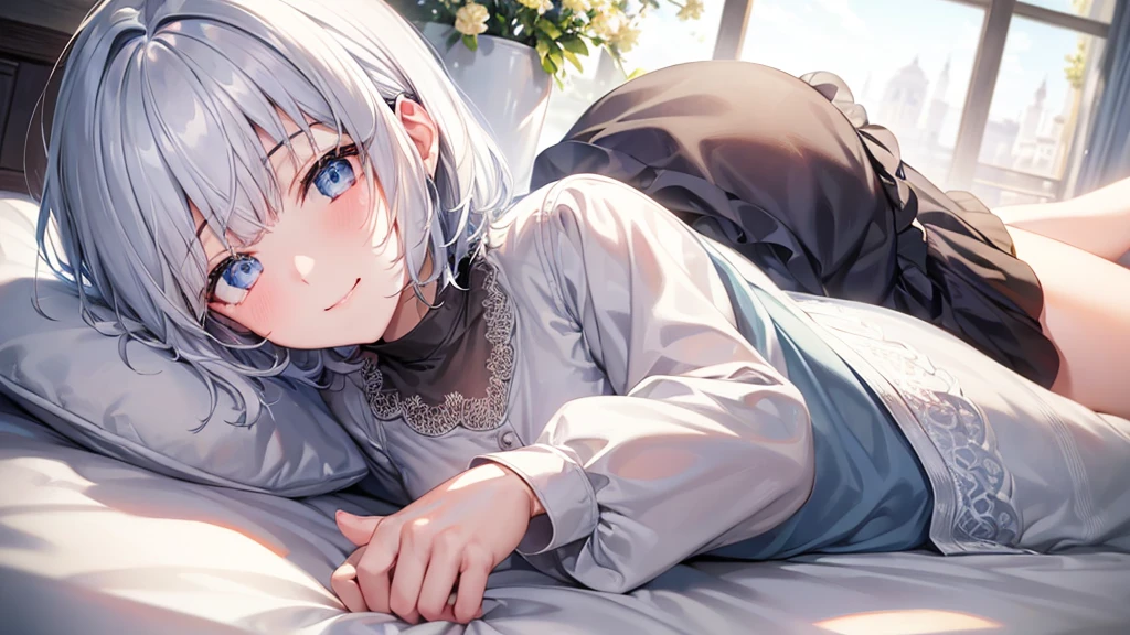 Ultra HD,Look at the viewers, Put your hands behind your back, With a girl, 20-year-old, 非常にShort Hair, Long bangs between the eyes, Pale blue eyes,  Very detailed,(masterpiece、Highest quality),Gray Hair、Laughter、Fantastic, Silver Hair, Iris,  Short hair、 Fluttering Hair、Small Face、明るいsmile、(Detailed face) ,Professional Lighting,Wonderful landscape,blue sky, sunlight,Looking down from above,Portraiture、Open your mouth、Flower Field、Her eyes were shining、Mysterious and enchanting atmosphere。With AI Painting、とてもShort Hair, Long bangs between the eyes, Very detailed,(masterpiece、Highest quality)、alone、Gray Hair、Fantasy, Silver Hair, Fantasyな風景、White shirt、smile、Open your mouth、short hair、Short Hair、hairpin、black eye、Grey Eyes、Beautiful Eyes、