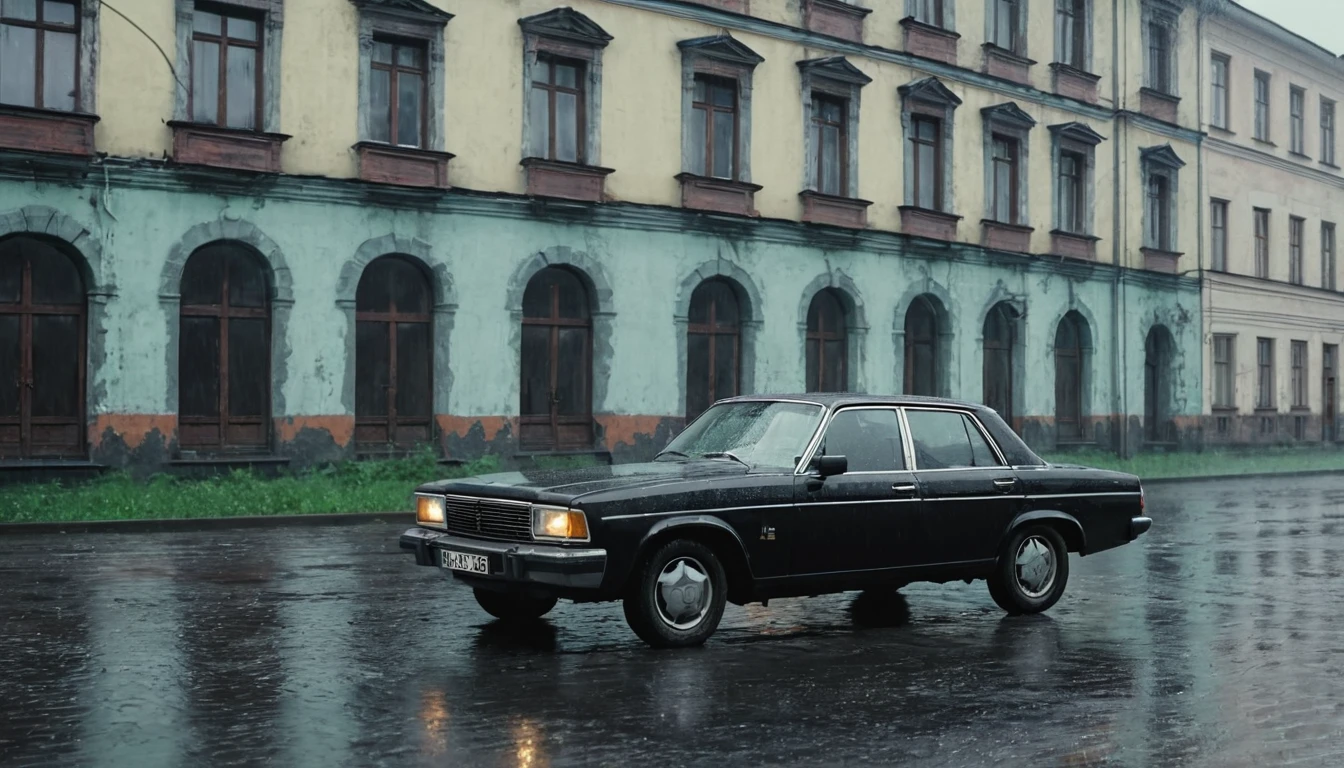Black car from the 90s, driving against the background of old Soviet buildings, rain, rainy weather, rain, cinematic scene, cloudy weather