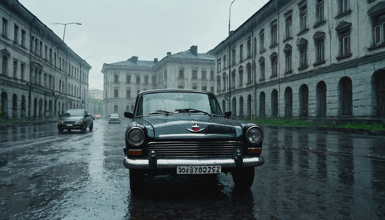 Black car from the 90s, driving against the background of old Soviet buildings, rain, rainy weather, rain, cinematic scene, cloudy weather