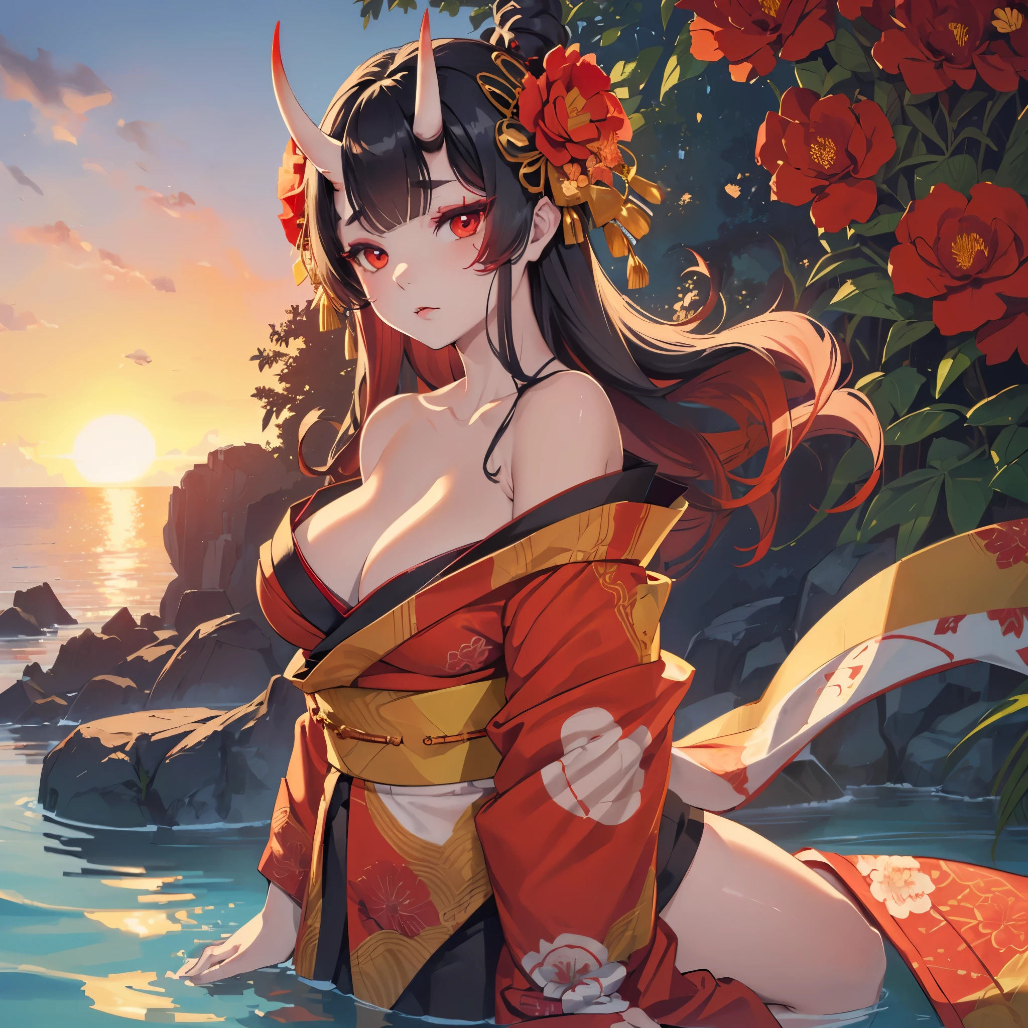 ((((((Solo)))))), ((pale girl)), oni horns, horns attached to forehead, (((red floral kimono))), ((kimono off shoulder)), long black hair, (beautiful red eyes), (sitting by water), looking up at viewer, (sunset),  (((mature woman))), (((mature))), ((large breasts)), (((curvy))), (((oni horns))), (detailed face) 