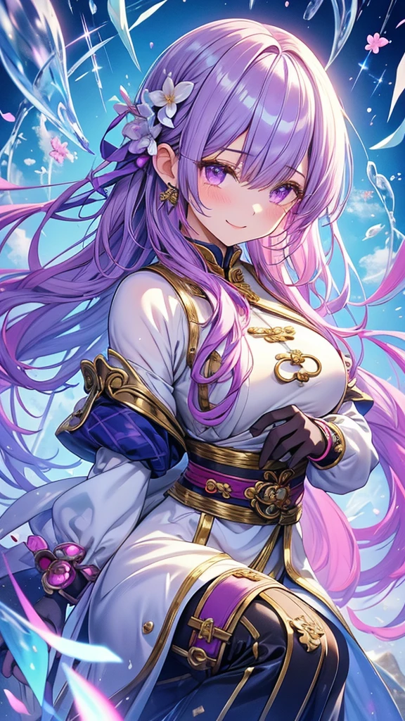 Super High Resolution Super Quality、anime、Zoom in Enlarge 、tears 、Smile、Fantasy、Magic Taoist、High texture of clothing, realistic texture, luxurious adventurer clothes, shining jewels, silver decoration, platinum, brown leather gloves, joy, beautiful girl has a nice body, spring, lilac hair, eye highlights, purple eyes, upper body, snap, marble green garden
