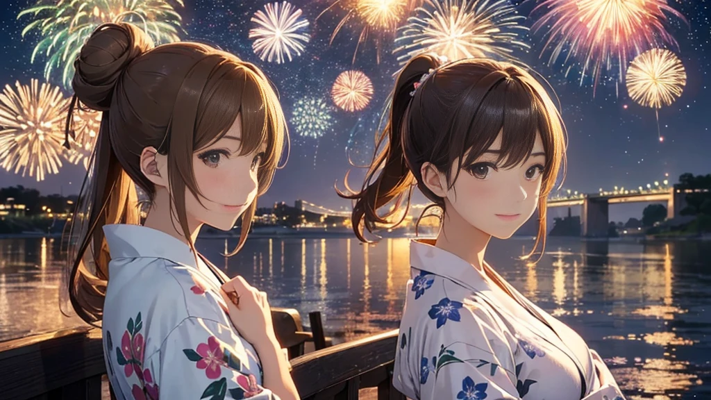 (Very detailed,High resolution,masterpiece:1.2）Japanese、Night view, Starry Sky、milky way、Light brown hair. Big fireworks、yukata、(Highest quality:1.2), 20～40-year-old woman、Small breasts、Very detailedな, High resolution, masterpiece:1,2, Vivid and colorful,, Professional Lighting, Physically Based Rendering, Flat Color:0.8, Detailed illustrations, realism:1.37, Makoto Shinkai style, Your name style, Light brown hair, Elegant update,ponytail, Bun Hair。, Laugh together,  Selfie, Full body older sister、。I love you 、、The whole body is visible、Anime Drawings、。The whole body is visible、A group of several people