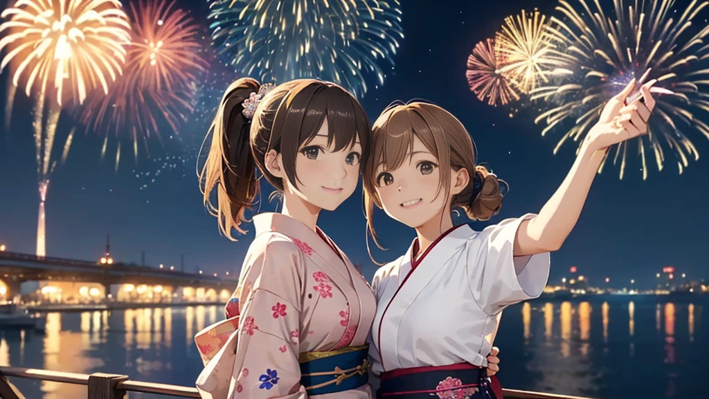(Very detailed,High resolution,masterpiece:1.2）Japanese、Night view, Starry Sky、milky way、Light brown hair. Big fireworks、yukata、(Highest quality:1.2), 20～40-year-old woman、Small breasts、Very detailedな, High resolution, masterpiece:1,2, Vivid and colorful,, Professional Lighting, Physically Based Rendering, Flat Color:0.8, Detailed illustrations, realism:1.37, Makoto Shinkai style, Your name style, Light brown hair, Elegant update,ponytail, Bun Hair。, Laugh together,  Selfie, Full body older sister、。I love you 、、The whole body is visible、Anime Drawings、。The whole body is visible、A group of several people