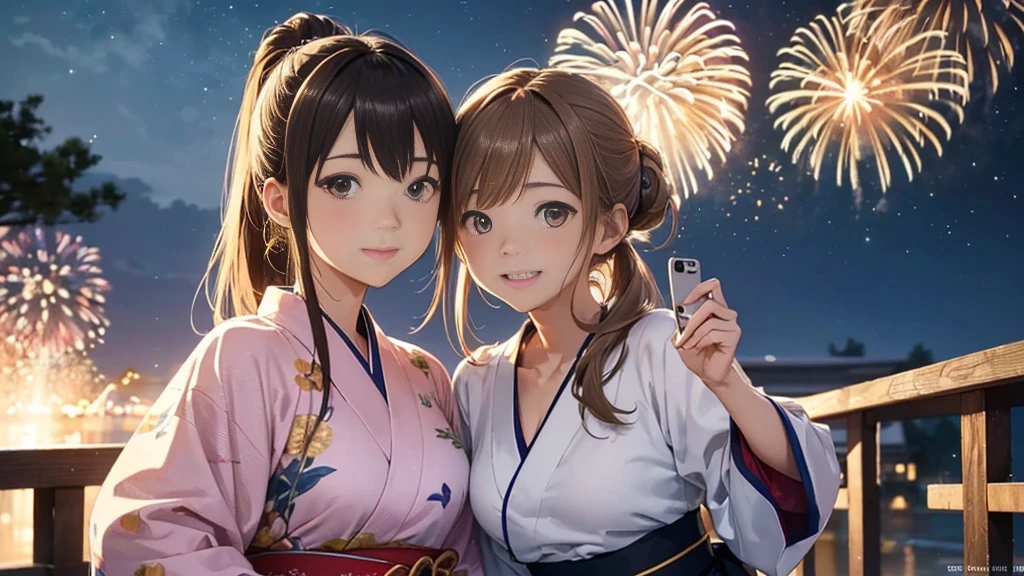 (Very detailed,High resolution,masterpiece:1.2）Japanese、Night view, Starry Sky、milky way、Light brown hair. Big fireworks、yukata、(Highest quality:1.2), 20～40--old woman、Small breasts、Very detailedな, High resolution, masterpiece:1,2, Vivid and colorful,, Professional Lighting, Physically Based Rendering, Flat Color:0.8, Detailed illustrations, realism:1.37, Makoto Shinkai style, Your name style, Light brown hair, Elegant update,ponytail, Bun Hair。, Laugh together,  Selfie, Full body older sister、。I love you 、、The whole body is visible、Anime Drawings、。The whole body is visible、A group of several people