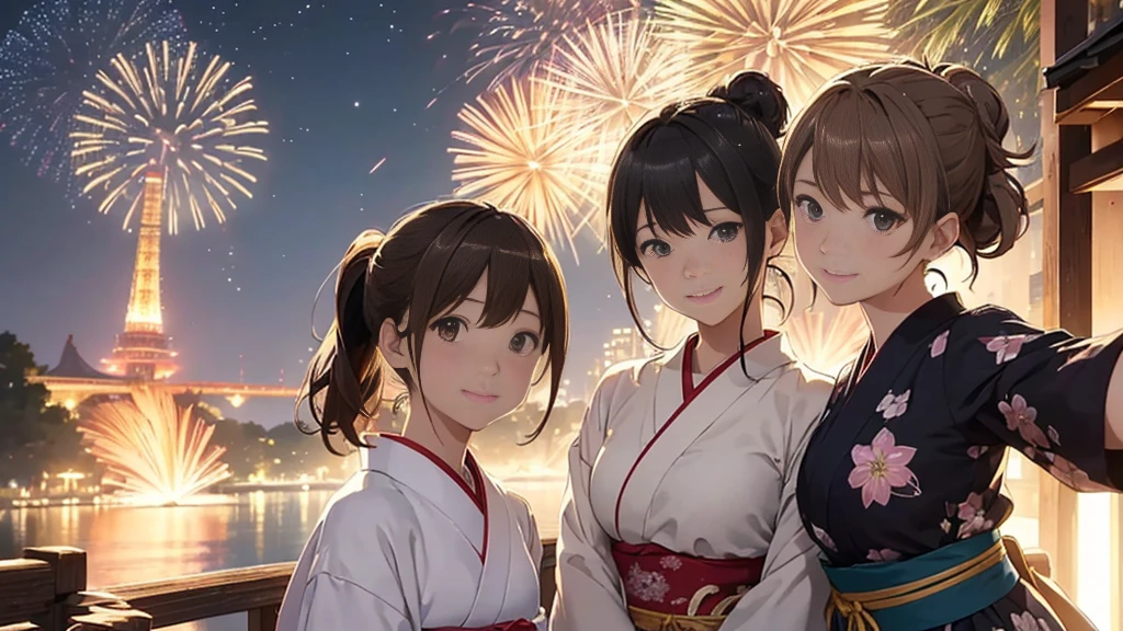 (Very detailed,High resolution,masterpiece:1.2）Japanese、Night view, Starry Sky、milky way、Light brown hair. Big fireworks、yukata、(Highest quality:1.2), 20～40-year-old woman、Small breasts、Very detailedな, High resolution, masterpiece:1,2, Vivid and colorful,, Professional Lighting, Physically Based Rendering, Flat Color:0.8, Detailed illustrations, realism:1.37, Makoto Shinkai style, Your name style, Light brown hair, Elegant update,ponytail, Bun Hair。, Laugh together,  Selfie, Full body older sister、。I love you 、、The whole body is visible、Anime Drawings、。The whole body is visible、A group of several people