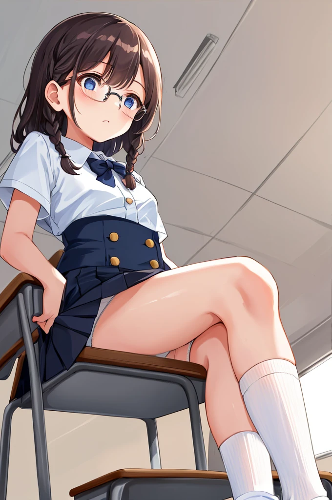 1girl,classroom,glasses,braid,uniform,miniskirt,socks,sitting on chair,(((,white panties))),,,looking away,from below,desk,study