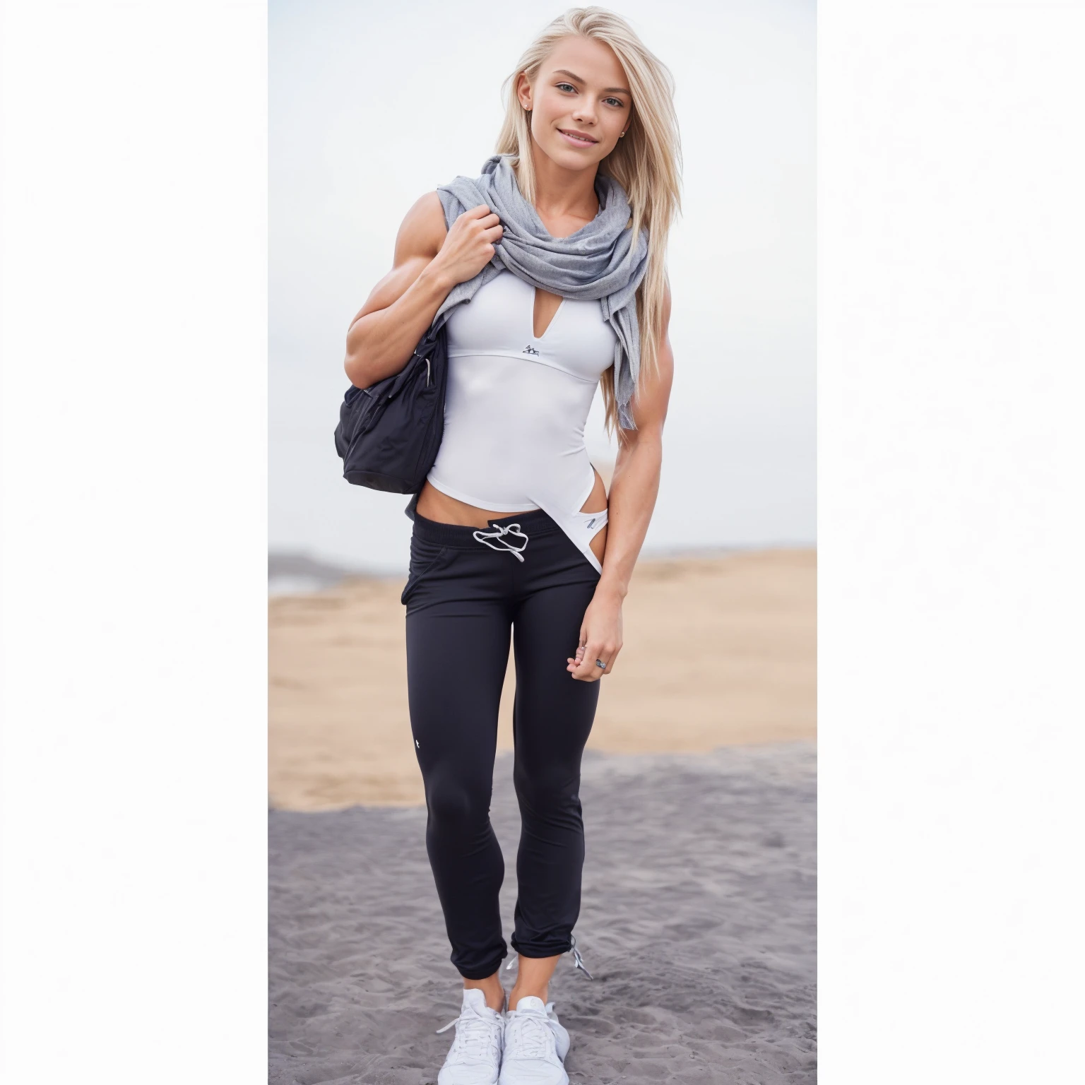 beautiful girl, breathtaking muscular age girl, 1girl, blonde long hair, blonde hair, smile, bikini top, sport shorts, muscular legs, ripped abs, sixpack, (best quality,4k,8k,highres,masterpiece:1.2),ultra-detailed,(realistic,photorealistic,photo-realistic:1.37),HDR,UHD,studio lighting,ultra-fine painting,sharp focus,physically-based rendering,extreme detail description,professional,vivid colors,bokeh,portraits