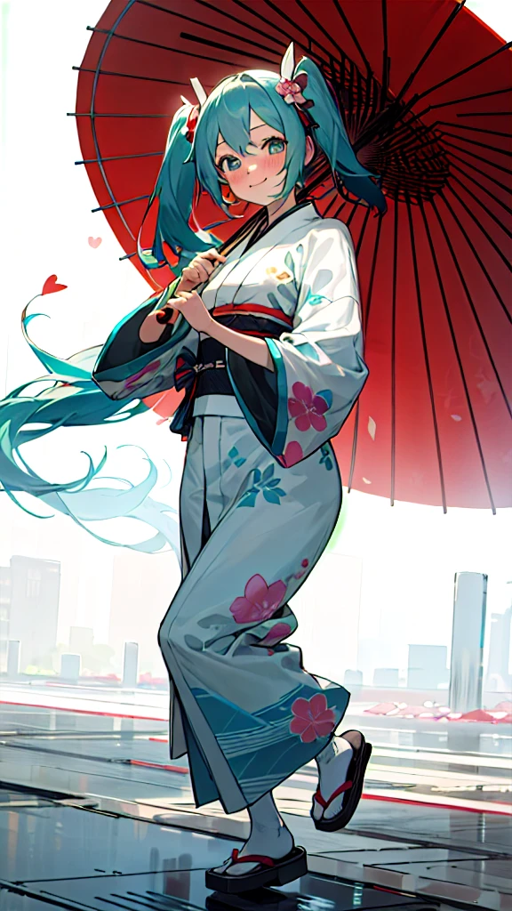 best quality, masterpiece, high resolution, solitary, (Hatsune_future_Blue File:1.10), 1 girl, Wide sleeves, Long sleeve, Looking at the audience, Heart, blush, flowering, Smile, Holding an umbrella, Oil-paper umbrella, outdoor, Floral, White Kimono, Residence, Printed Kimono, 14 ，Dance，full-body shot