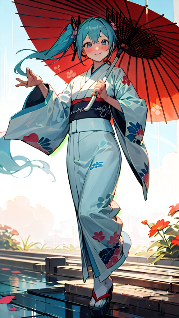 best quality, masterpiece, high resolution, solitary, (Hatsune_future_Blue File:1.10), 1 girl, Wide sleeves, Long sleeve, Looking at the audience, Heart, blush, flowering, Smile, Holding an umbrella, Oil-paper umbrella, outdoor, Floral, White Kimono, Residence, Printed Kimono, 14 ,Dance,full-body shot