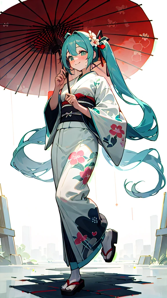 best quality, masterpiece, high resolution, solitary, (Hatsune_future_Blue File:1.10), 1 girl, Wide sleeves, Long sleeve, Looking at the audience, Heart, blush, flowering, Smile, Holding an umbrella, Oil-paper umbrella, outdoor, Floral, White Kimono, Residence, Printed Kimono, 14 ，Dance，full-body shot