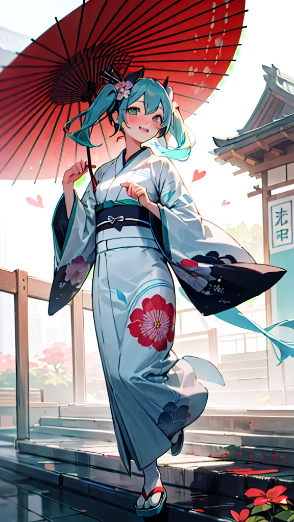 best quality, masterpiece, high resolution, solitary, (Hatsune_future_Blue File:1.10), 1 girl, Wide sleeves, Long sleeve, Looking at the audience, Heart, blush, flowering, Smile, Holding an umbrella, Oil-paper umbrella, outdoor, Floral, White Kimono, Residence, Printed Kimono,  ，Dance，full-body shot