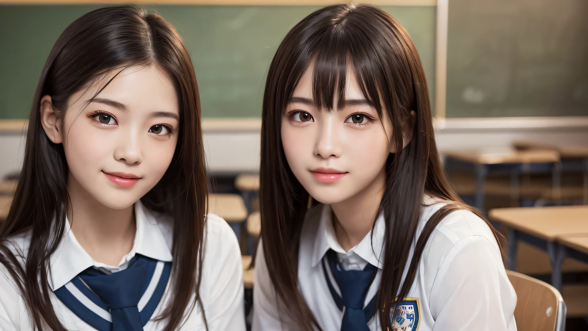 kawaii, (2girl), bob hair, smile, (high school uniform), (Best Quality:1.4), Realistic, extremely detailed CG unified 8k wallpaper, highly detailed, High-definition raw color photos, professional photography, Realistic portrait, Beautiful detailed, Close up portrait of girl, (school, classroom:1.2), (Fine face:1.2),