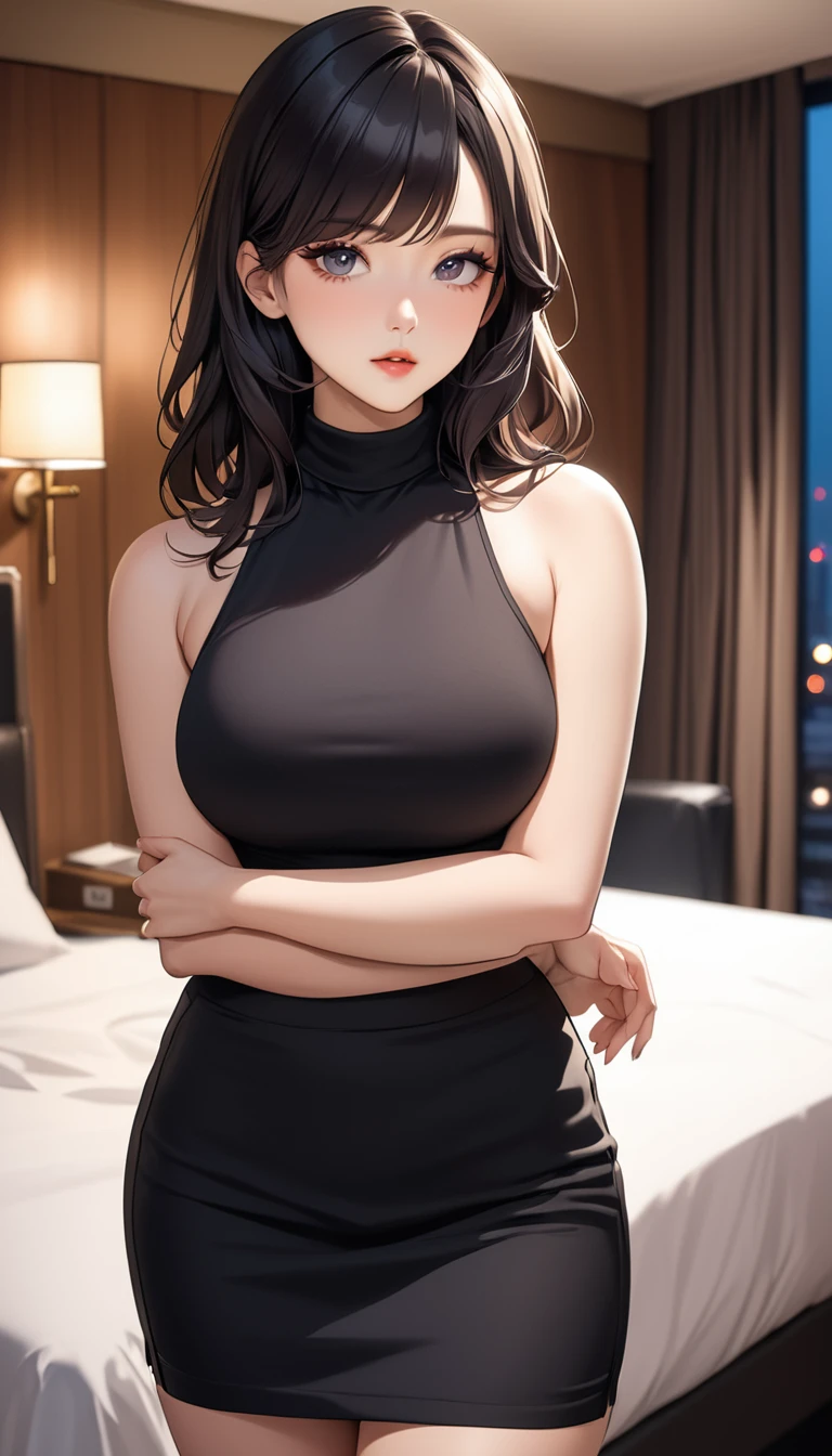 masterpiece, high resolution, beautiful woman, Korean Beauty, 30 years old, black sleeve less sweater, mini pencil skirt, beautiful woman, night hotel, looking at me, high resolution face, (high resolution eyes), black hair, curvy
