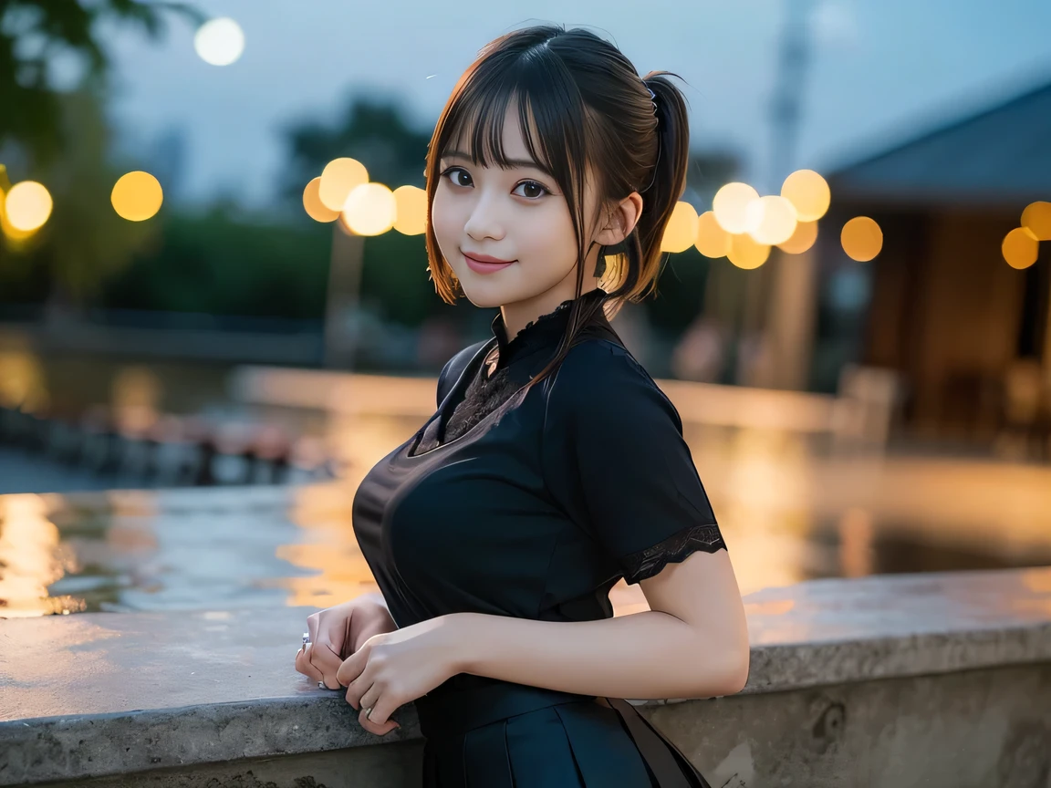 (Highest quality, masterpiece, Ultra-high resolution, 8K, RAW Photos, Realistic, Anatomically correct:1.5), 20-year-old girl:1.2, Embarrassing, avert your eyes, blush:1.0, View Viewer, ((bar)) 、Night view、 Light:1.2, Bokeh, Cinema Lighting:1.0, Depth of written boundary, sharp、 Cute face、Idol、Black short sleeve lace top、Black pleated skirt、Black clothing、”dwarf”、(Floral clothes)、(Full Body Shot)、Side angle、Cowboy Shot、 smile、(Ultra short hair、Short ponytail)、(Straight bangs)、((See-through))、(( One Girl))、Large Breasts、